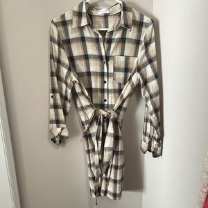 Pink Lily Plaid Shirt Dress - Black, Cream, Tan